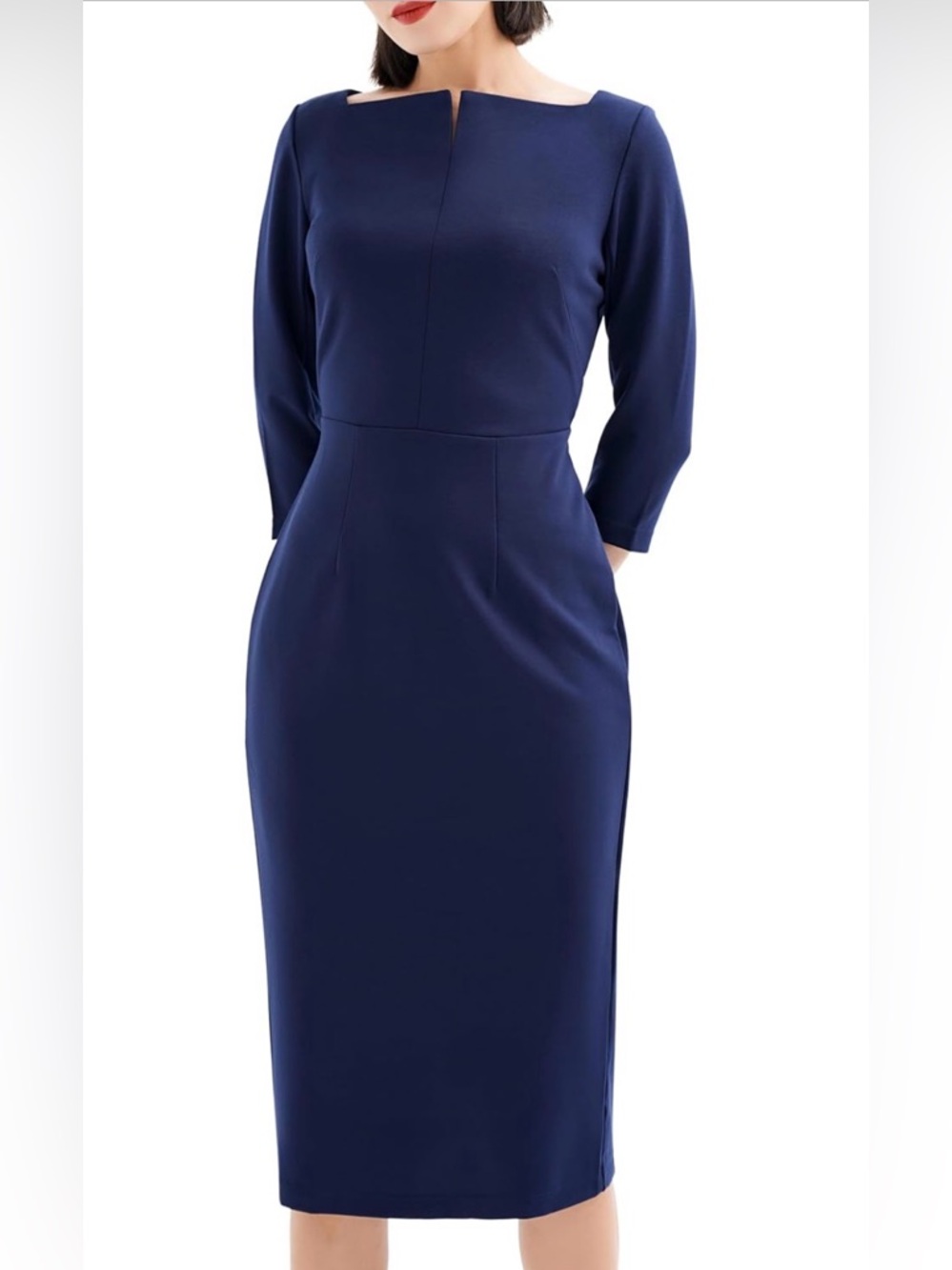 Classic Navy Midi Sheath Dress with Notch Neck